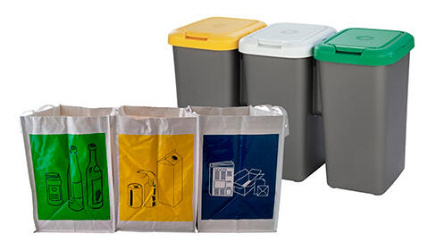 Pack de reciclaje de 3 papeleras de 3 depósitos y 3 bolsas de basura - descuento: 29% - 49.99 colores de papeleras de reciclaje